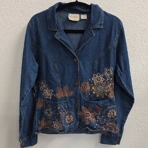 New Identity Embroidered Denim Blue Fitted Boho Jacket